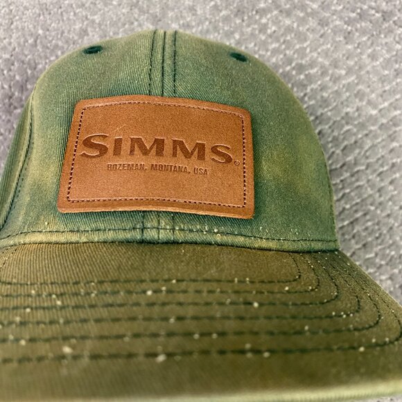 Simms Fishing Snapback Hat Cap Green Cotton with Leather Patch Distressed Faded - Picture 4 of 14
